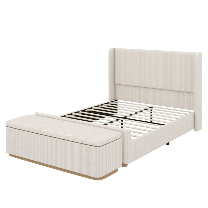 Élégante base de lit en velours côtelé avec un spacieux repose-pieds avec rangement de 130 litres, Grand, Gris clair
