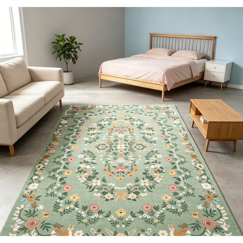 Tapis rétro taupe lavable pour l'intérieur, Green, Runner 2' x 6'