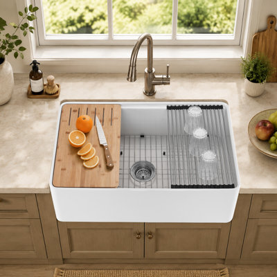 30'' W Farmhouse / Apron Single Bowl White Fireclay Kitchen Sink with Accessories