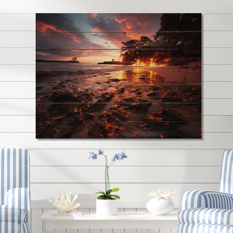 Rose et orange, ciel côtier I - plage sur bois, H 10 po x l 20 po