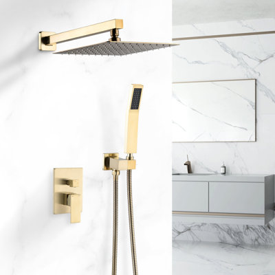 Wall Mounted 10 Inch Brushed Gold Complete Shower With Adjustable Water Flow, Diverter Valve, And - Cold Shock Function System Built In Hot Mixing, Top Spray For A Soothing Bath
