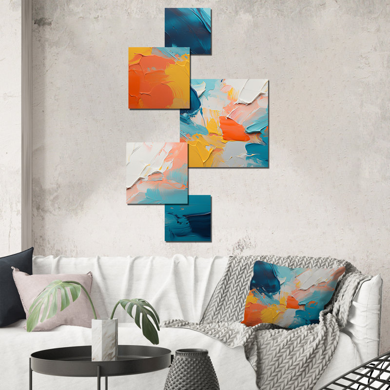 «Blue and Orange Paint Expression 5», ensemble d'art mural abstrait carré de 5