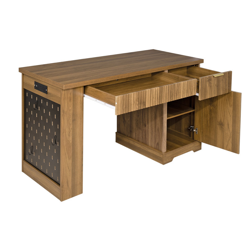 Modern Fluted Computer Desk with Power Outlet and Storage