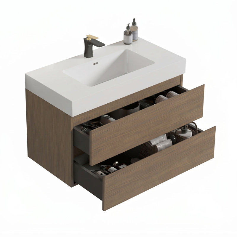 Meuble-lavabo simple 36 po avec surface solide et trop-plein, 36 po, pré-assemblé, Beige, Noir mat, 36"