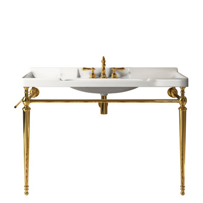 Lavabo de console de salle de bain 48 po, meuble-lavabo mural en céramique blanc avec 3 trous de robinet, support en acier inoxydable, couleur or et meuble-lavabo Scratch, haute performance