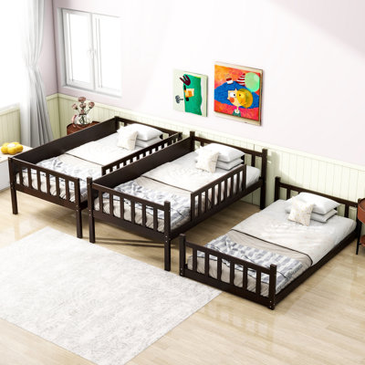 Twin Size Triple Rubber Wood Bunk Bed, With Ladders, Guardrails Detachable Bunk Bed, Twin Over Twin Over Twin