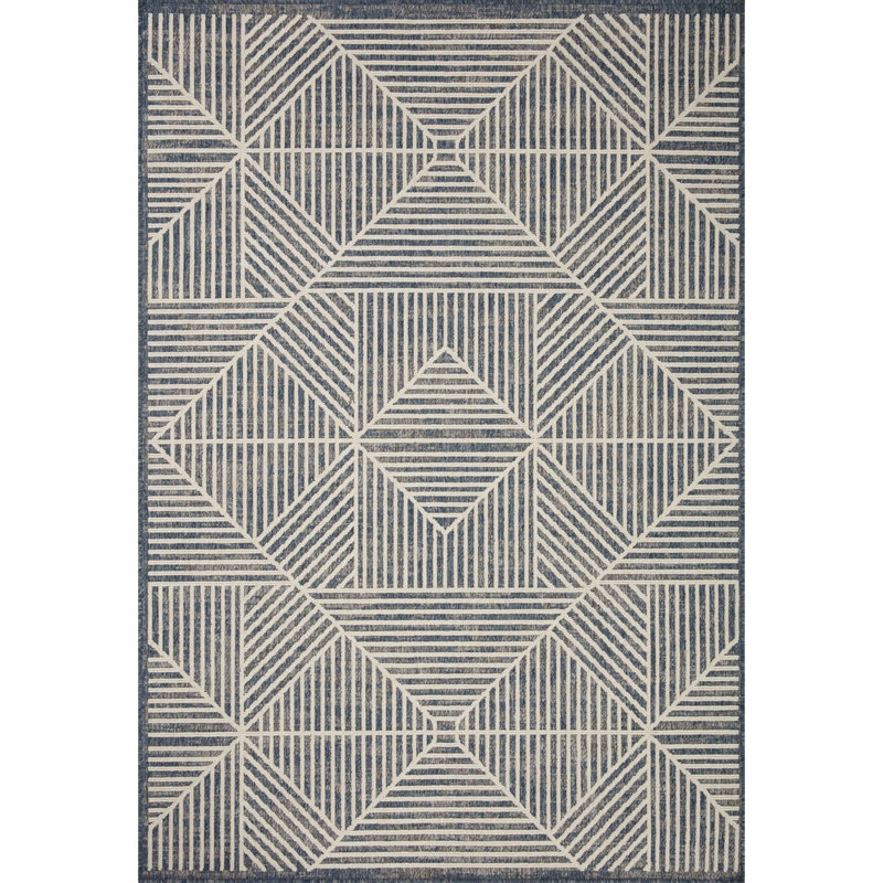 Modern Denim and Ivory Geometric Low-Pile Area Rug