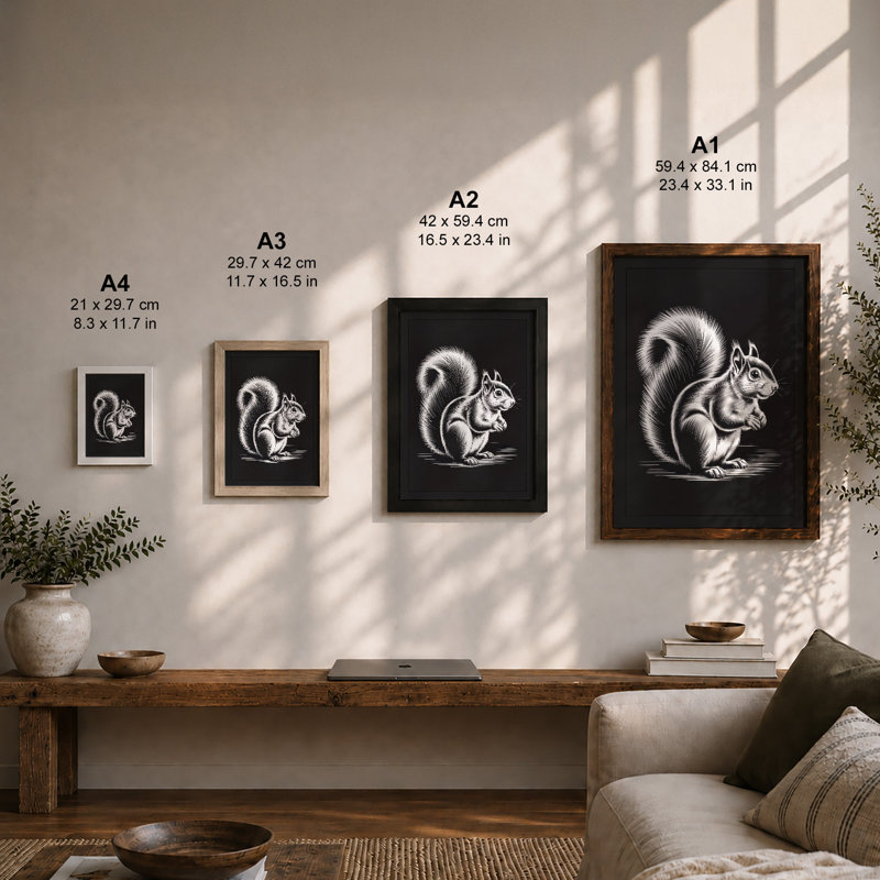 Alert Squirrel Minimalist - Framed Print, Unframed, A3 - 42.0 x 29.7 cm