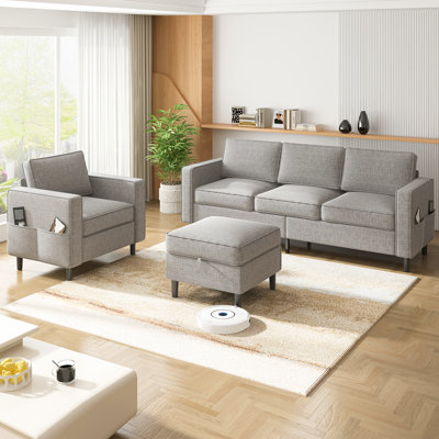 Ensemble de canapé en L 3 pièces avec repose-pieds et fauteuil avec rangement en L