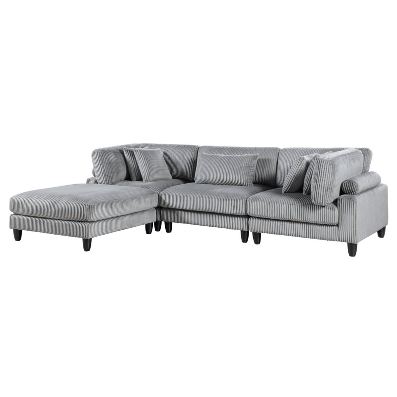 Canapé modulaire 4 en velours côtelé gris avec pieds en bois massif et housses de coussin modulaires en velours côtelé et structure en contreplaqué, rembourrage en mousse
