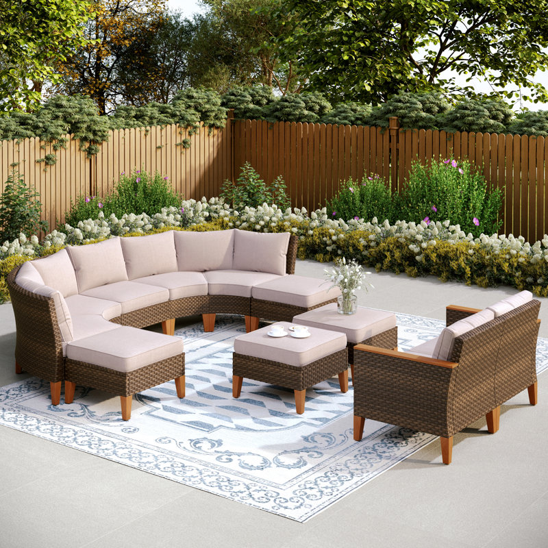 All Weather Wicker/Rattan 11 - Person Seating Group with Cushions, Beige