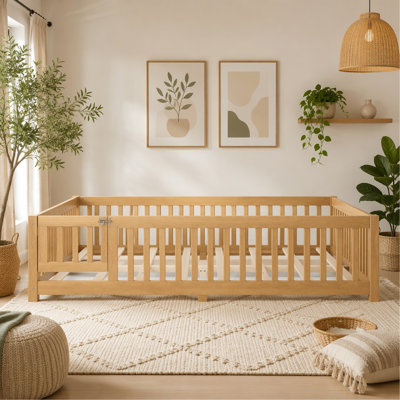 Lit grand format avec garde-corps et porte pour enfants, naturel