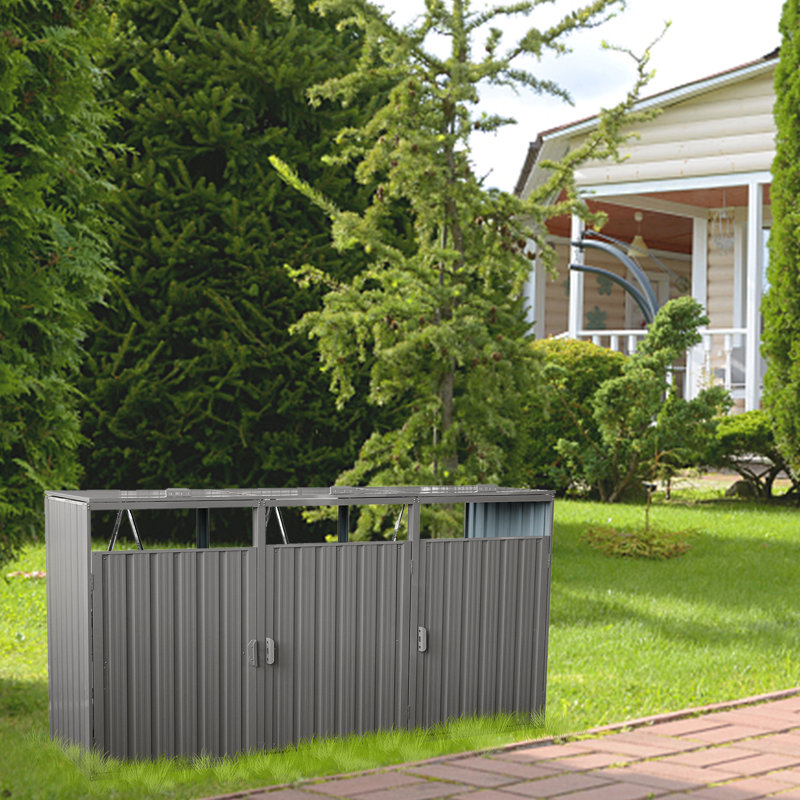 La remise à poubelle contient 3 poubelles en métal pour le rangement des ordures, acier galvanisé inoxydable, remise pour poubelle de jardin, gris