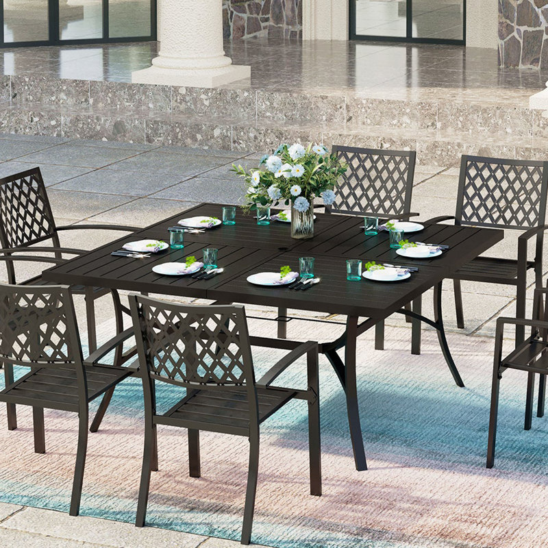 Square Outdoor Dining Table With Umbrella Hole , 60.1'' in. W 60.1'' in. D, Black