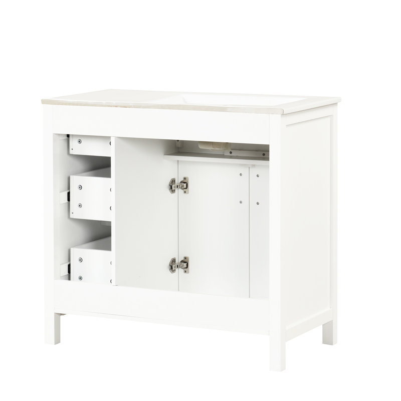 Meuble-lavabo de 36 po avec lavabo en bois massif et trou de robinet de 8 po, 2 portes, 3 tiroirs, lavabo blanc - blanc, armoire à deux portes et trois portes en céramique