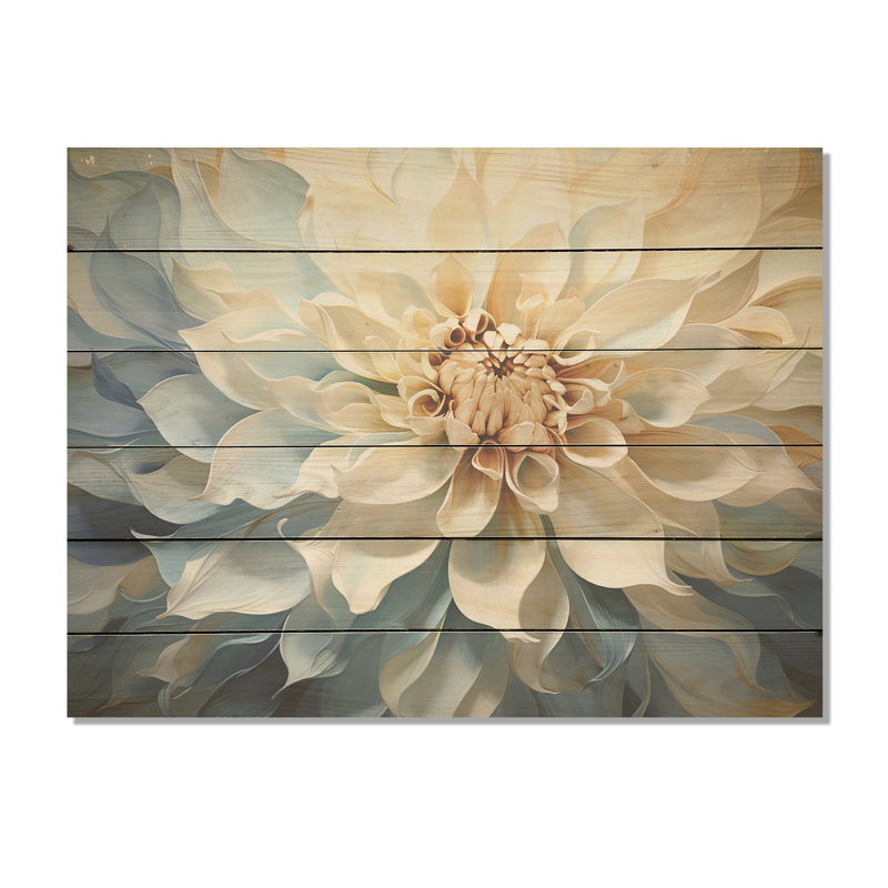 White And Blue Dahlia Flower Minimalism - Dahlia Wood Wall Art On Natural Pine Wood, 24" H x 32" W
