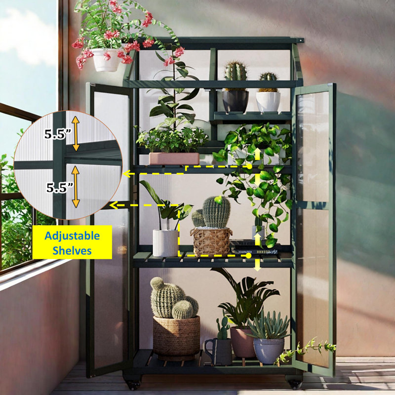 Height Wood Large Greenhouse Balcony Portable Cold Frame With Wheels, Adjustable Shelves And Openable Roof