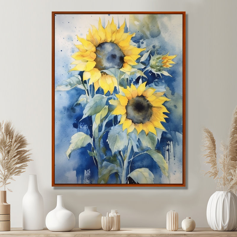 Jaune, bleu, tournesol doré, impression sur toile florale, H 44 po x l 34 po x P 1,5 po, Cadre flottant brun