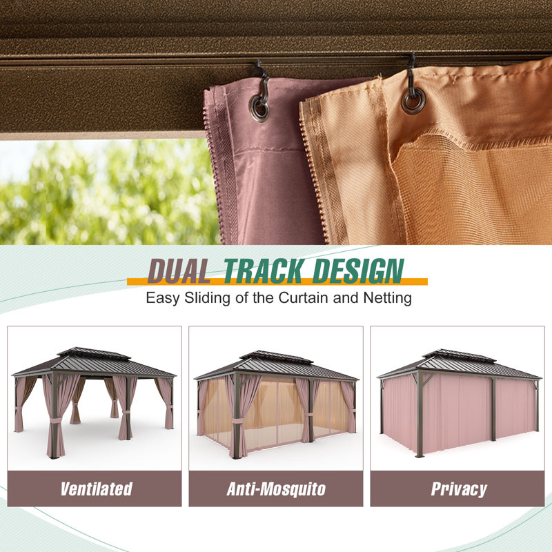 Extra Large Brown Metal Patio Gazebo with Dual Track Curtains