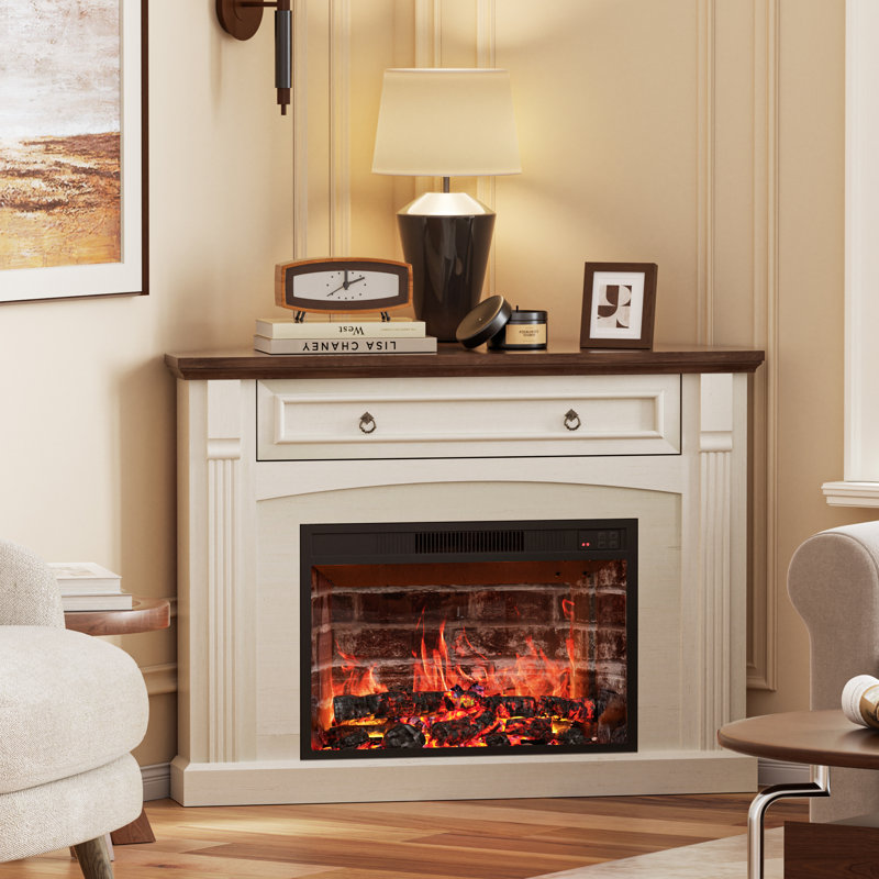 Corner Tv Stand With Wooden Mantel, Corner Electric Fireplace With Remote Control, Adjustable Realistic Flame, Anti-tipping Device For Living Room, Bedroom, Dining Room And Office
