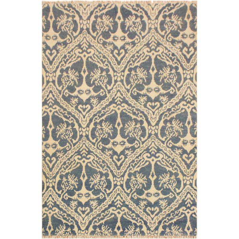 Tapis bleu / ivoire en laine noué à la main 4 pi x 6 pi Damask