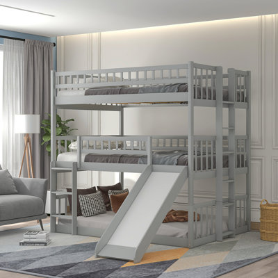 Full-Over-Full-Over-Full Triple Bed With Built-In Ladder And Slide , Triple Bunk Bed With Guardrails, Gray