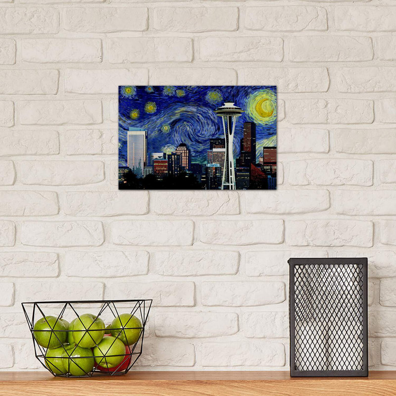 Seattle, Washington Starry Night Skyline - impression d'art graphique, Toile tendue, H 8 po x l 12 po x P 0,75 po
