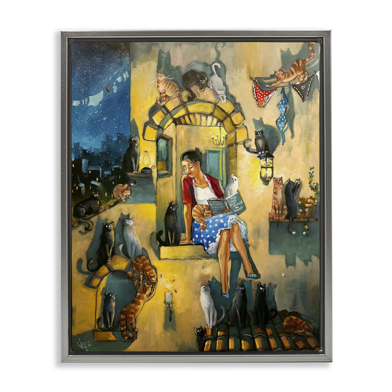 «Window Window with Cats Floater», art mural sur toile par Ronald West, Cadre flottant gris lustré, H 31 po x l 25 po