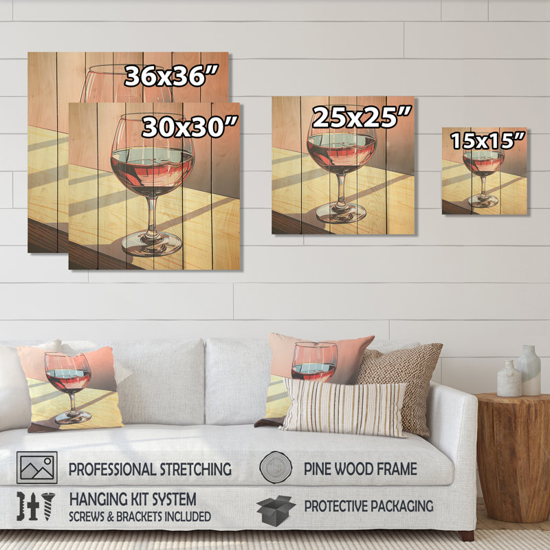 «Pink Crisp Elegance Of Wine Glass III» - impression de vin sur bois, H 25 po x l 25 po