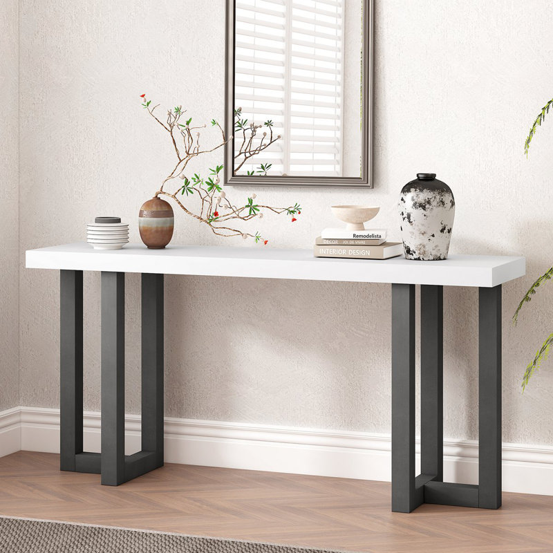 Console moderne avec motif géométrique et pieds en bois, Blanc / gris