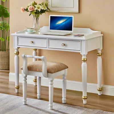 White Rectangular Solid Wood Writing desk with drawers desk