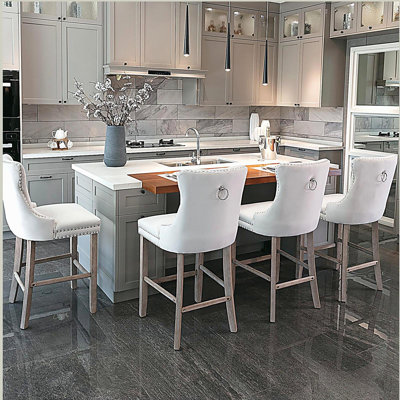 Velvet Upholstered Bar stools with Chrome Nailhead Trim and Wooden Legs (Beige,Set of 2)