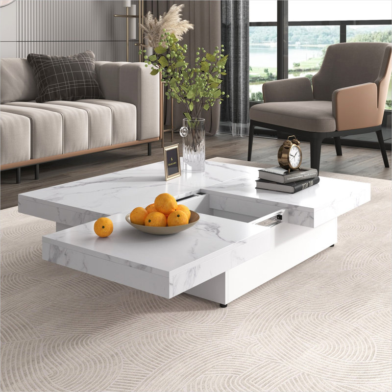 Table basse carrée avec finition en placage de marbre blanc propre et rangement, 39,4 pouces
