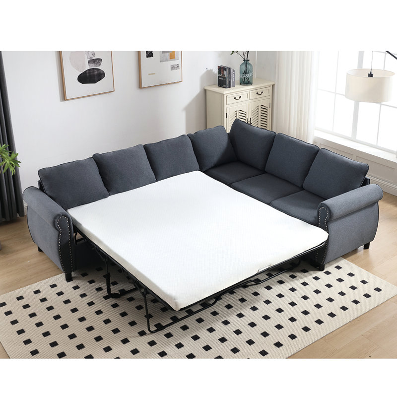 Lit 2 en 1, canapé-lit 6 places, canapé modulaire en L gris avec coussin de dossier