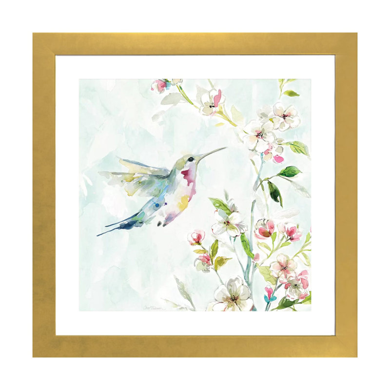 «Hummingbird III» par Carol Robinson - reproduction imprimée, H 24 po x l 24 po x p 1 po, Papier encadré doré, Blanc