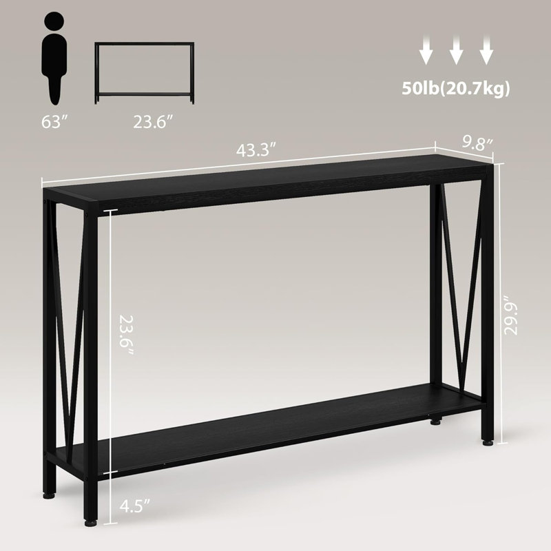 Industrial Console Table, 2 Shelf Entryway Table With Storage, Narrow Sofa Table With V Design, 43" Console Table For Entryway, Living Room, Hallway, Foyer