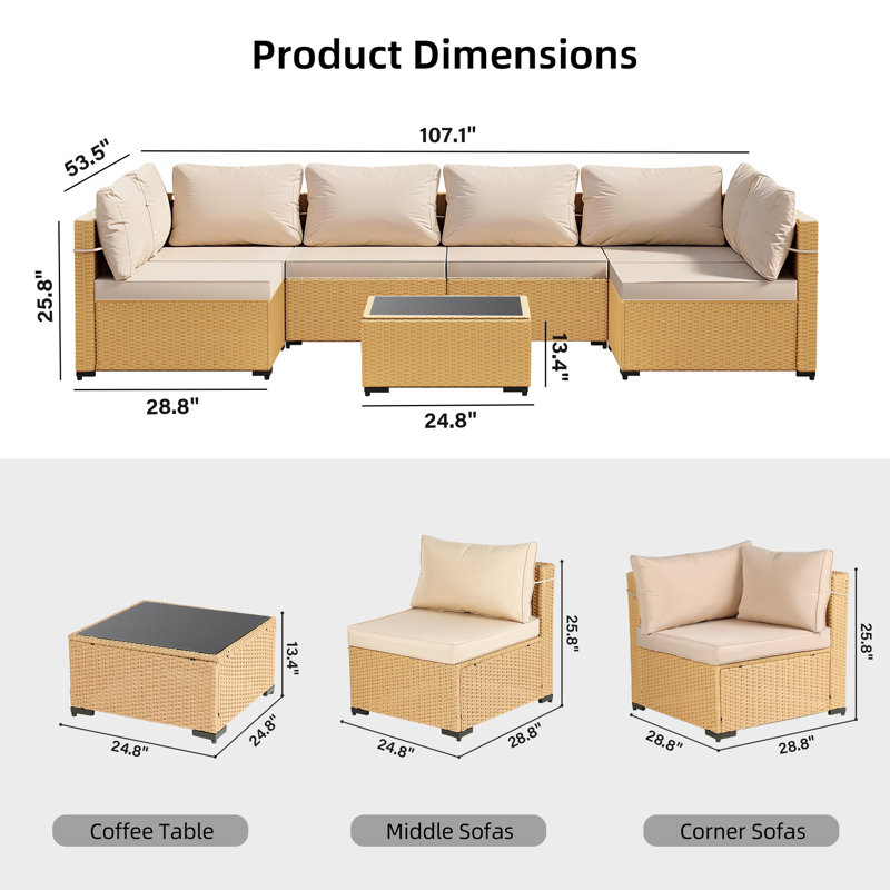 Ensemble de conversation 7 pièces avec coussins 7 pièces, Beige