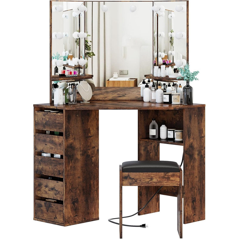 Bureau de meuble-lavabo avec miroir et lumières - meuble-lavabo avec 3 options d'éclairage, luminosité réglable, ensemble de meuble-lavabo avec 5 tiroirs coulissants, tablettes et tabouret