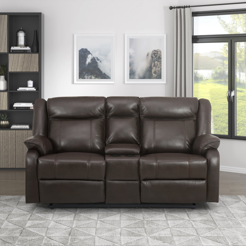 Causeuse inclinable manuelle en similicuir de 72,5 po avec console centrale et porte-gobelets Hiromichi, Similicuir brun