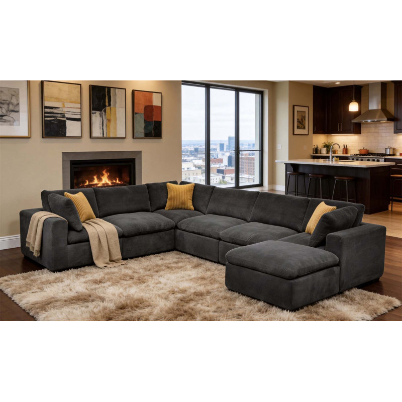 Canapé modulaire désossé avec coussins en mousse à compression complète, à extension instantanée, aucun assemblage requis, avec coussins décoratifs et disposition personnalisable.