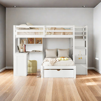 Lit superposé avec bureau, tiroirs et tablettes