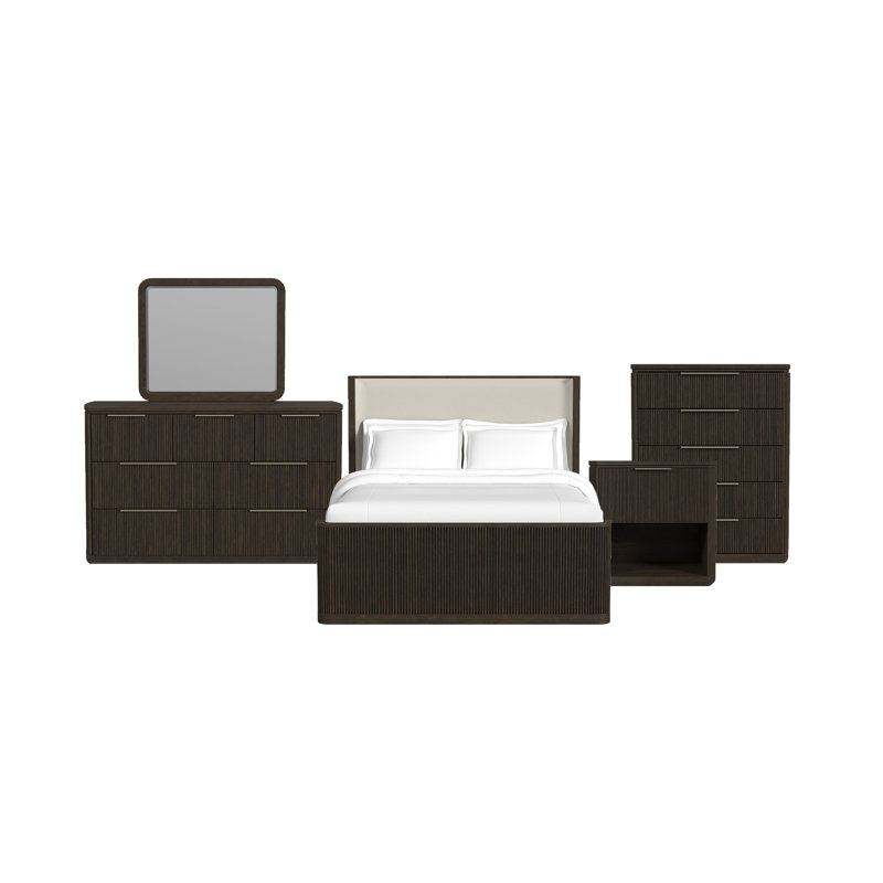 Ensemble de chambre à coucher 5 pièces Byerly Queen UPH avec tissu blanc et brun foncé, Brun, Grand lit