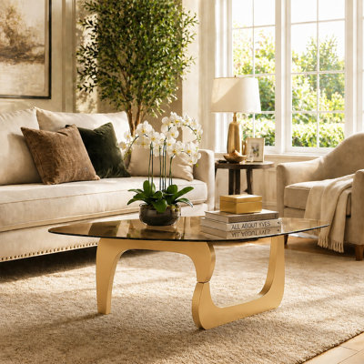 Table basse 51 po en verre massif avec base en bois massif, plateau central Mid-Century pour le salon, assemblage rapide