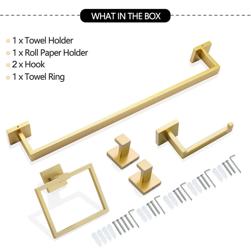 Topcraft Wall Mounted Stainless Steel Bathroom Accessory Set Of 5, Brushed Gold