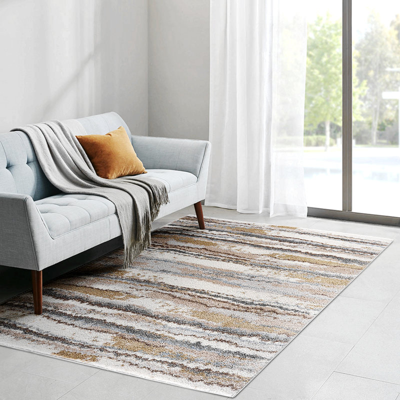 Tapis à rayures abstraites tissées à l'aquarelle, Rectangle 6 pi 6 po x 9 pi