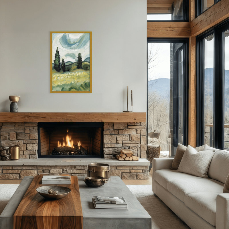 Nature Inspired Surreal Vistas: Abstract Realism Of Hills And Cloudy Skies, 36" H x 24" W x 1.125" D, Framed Print, Gold