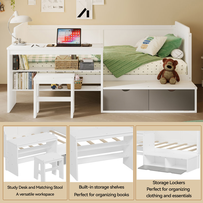  Wooden Twin Size Daybed with Storage Shelves, Lockers, Study Desk and Matching Stool, Multi-functional Design for Bedroom or Home Office, Natural