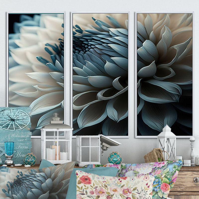 «Despinossa Blue and White Dahlia Flowers II», reproduction sur toile 3 pièces, L 36 po x H 28 po, Cadre blanc