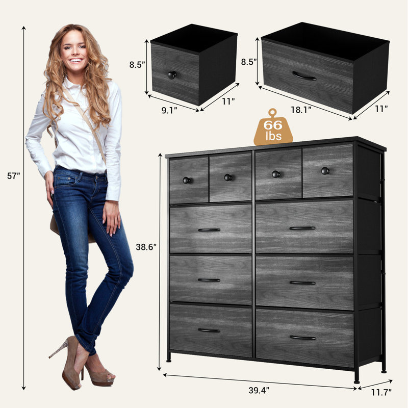 Commode double 10 tiroirs l 39,4 po, Grain de bois noir
