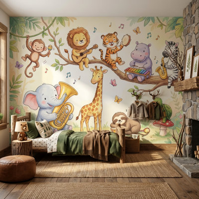 Dessin animé animaux, papier peint forêt, décoration murale amovible